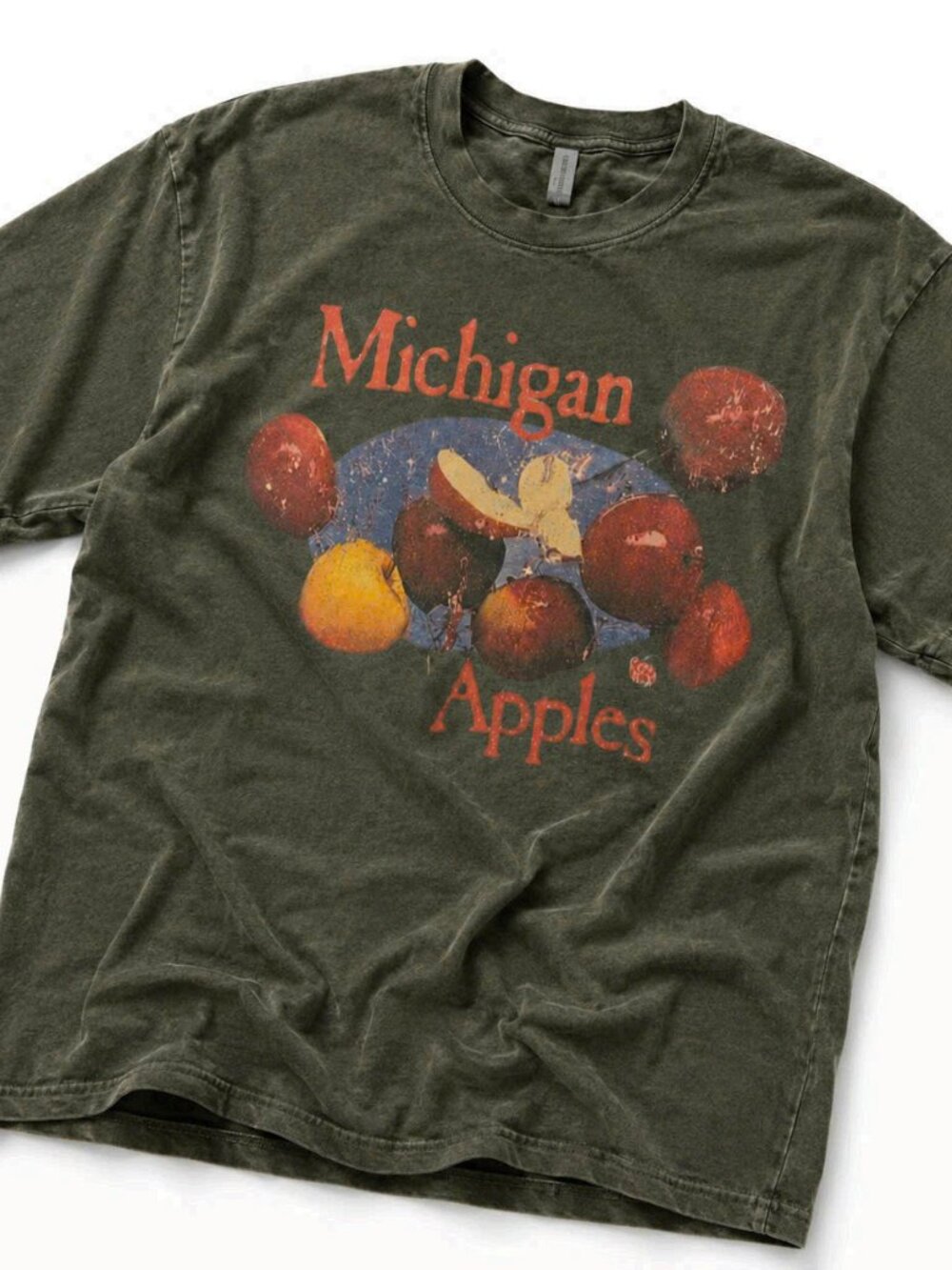 Vintage Michigan Apples Fruit Graphic T-Shirt Dark Olive Green